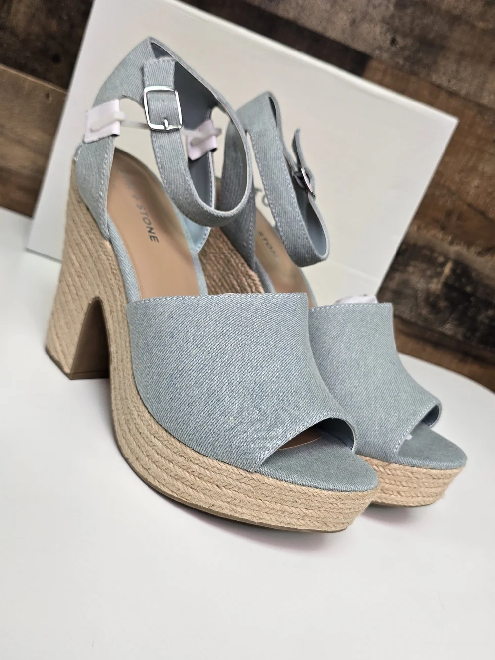 Sun + Stone Light Blue Denim Platform Espadrille Sandals